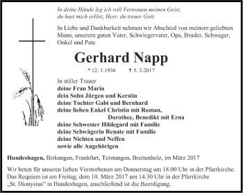 Traueranzeige von Gerhard Napp von Thüringer Allgemeine