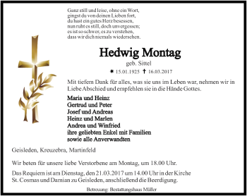 Traueranzeige von Hedwig Montag von Thüringer Allgemeine