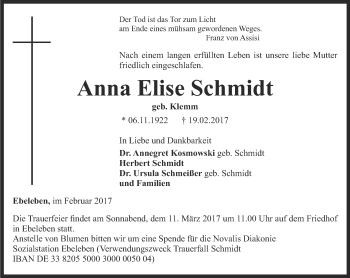Traueranzeige von Anna Elise Schmidt von Thüringer Allgemeine