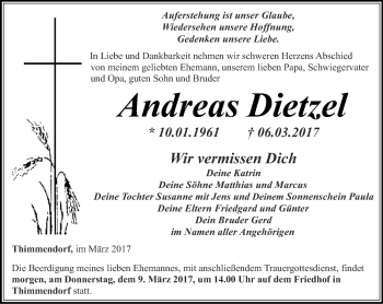 Traueranzeige von Andreas Dietzel von Ostthüringer Zeitung