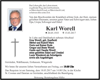 Traueranzeige von Karl Worell von Thüringer Allgemeine