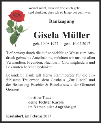 Traueranzeige von Gisela Müller von Ostthüringer Zeitung