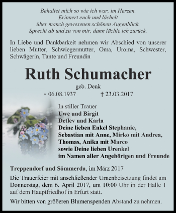 Traueranzeige von Ruth Schumacher von Thüringer Allgemeine, Thüringische Landeszeitung