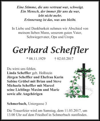 Traueranzeige von Gerhard Scheffler von Ostthüringer Zeitung, Thüringische Landeszeitung