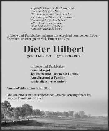 Traueranzeige von Dieter Hilbert von Ostthüringer Zeitung