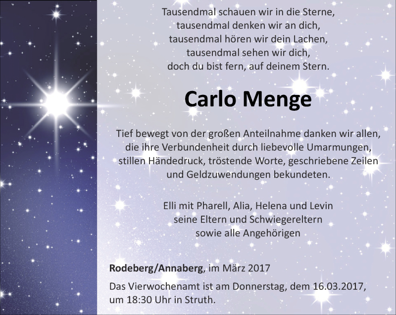  Traueranzeige für Carlo Menge vom 11.03.2017 aus Thüringer Allgemeine, Thüringische Landeszeitung