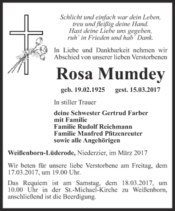 Traueranzeige von Rosa Mumdey von Thüringer Allgemeine