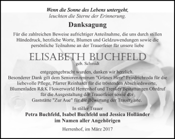 Traueranzeige von Elisabeth Buchfeld von Ostthüringer Zeitung, Thüringische Landeszeitung