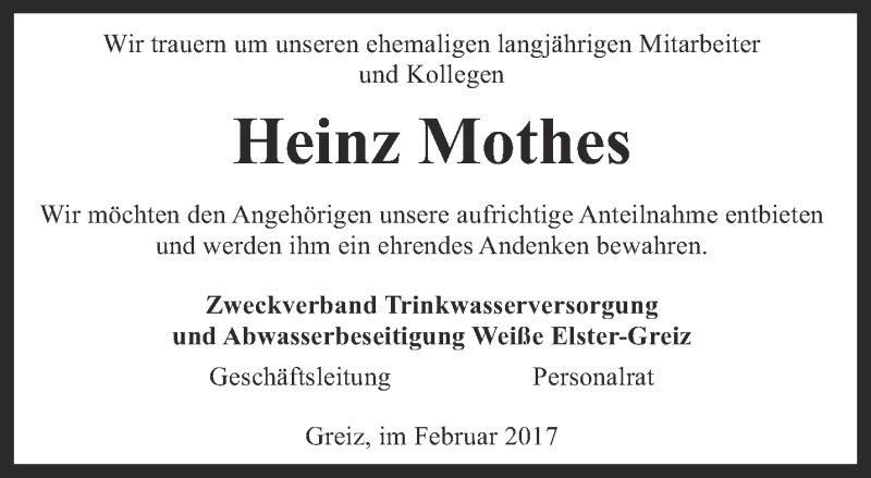  Traueranzeige für Heinz Mothes vom 06.03.2017 aus Ostthüringer Zeitung