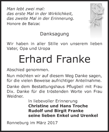 Traueranzeige von Erhard Franke von Ostthüringer Zeitung