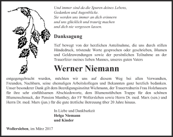 Traueranzeige von Werner Niemann von Thüringer Allgemeine