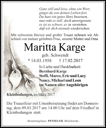 Traueranzeige von Maritta Karge von Thüringer Allgemeine