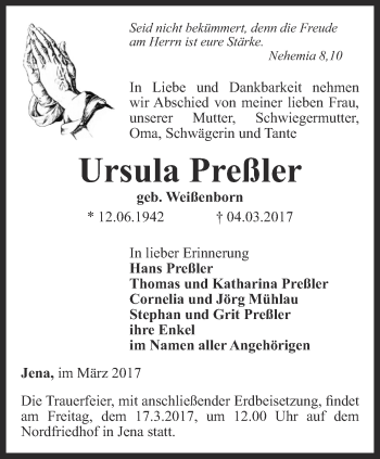 Traueranzeige von Ursula Preßler von Ostthüringer Zeitung, Thüringische Landeszeitung