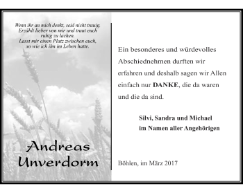 Traueranzeige von Andreas Unverdorm von Thüringer Allgemeine