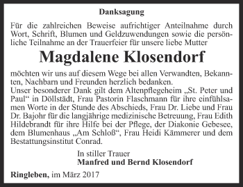 Traueranzeige von Magdalene Klosendorf von Thüringer Allgemeine, Thüringische Landeszeitung