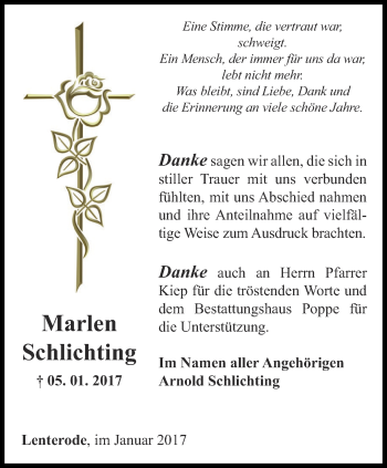 Traueranzeige von Marlen Schlichting von Thüringer Allgemeine