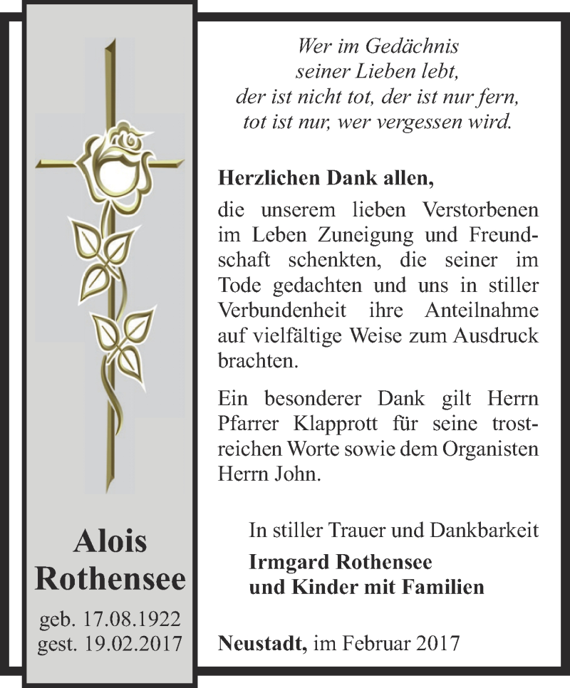  Traueranzeige für Alois Rothensee vom 11.03.2017 aus Thüringer Allgemeine