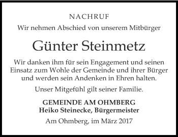 Traueranzeige von Günter Steinmetz von Thüringer Allgemeine