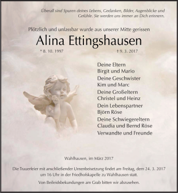 Traueranzeige von Alina Ettingshausen von Thüringer Allgemeine