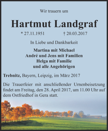 Traueranzeige von Hartmut Landgraf von Ostthüringer Zeitung