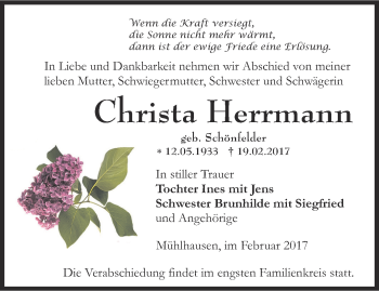 Traueranzeige von Christa Hoffmann von Thüringer Allgemeine, Thüringische Landeszeitung