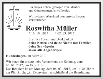 Traueranzeige von Roswitha Müller von Thüringer Allgemeine