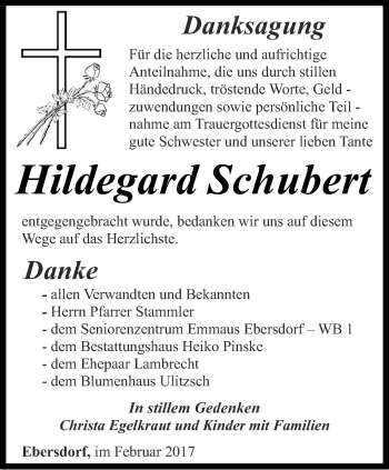 Traueranzeige von Hildegard Schubert von Ostthüringer Zeitung