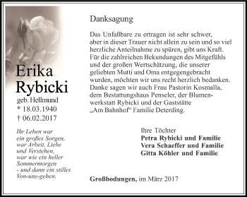 Traueranzeige von Erika Rybicki von Thüringer Allgemeine