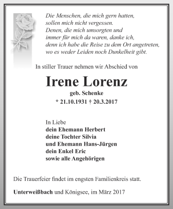 Traueranzeige von Irene Lorenz von Ostthüringer Zeitung