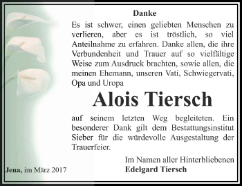 Traueranzeige von Alois Tiersch von Ostthüringer Zeitung, Thüringische Landeszeitung