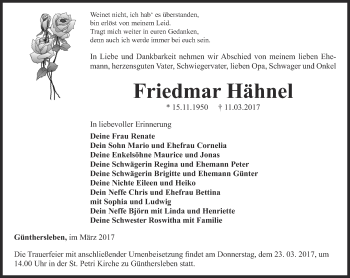 Traueranzeige von Friedmar Hähnel von Ostthüringer Zeitung, Thüringische Landeszeitung