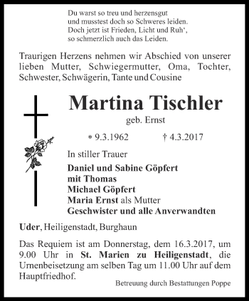 Traueranzeige von Martina Tischler von Thüringer Allgemeine