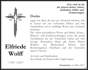 Traueranzeige von Elfriede Wolff von Thüringer Allgemeine