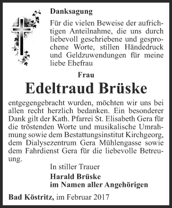 Traueranzeige von Edeltraud Brüske von Ostthüringer Zeitung