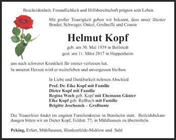Traueranzeige von Helmut Kopf von Thüringer Allgemeine, Thüringische Landeszeitung