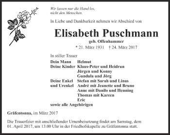 Traueranzeige von Elisabeth Puschmann von Thüringer Allgemeine, Thüringische Landeszeitung