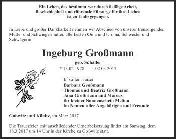 Traueranzeige von Ingeburg Großmann von Ostthüringer Zeitung