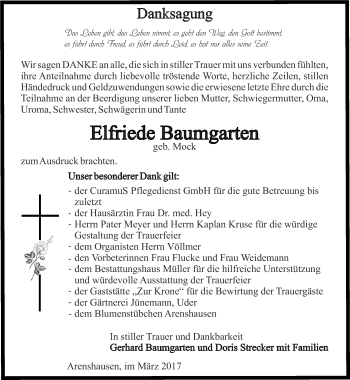 Traueranzeige von Elfriede Baumgarten von Thüringer Allgemeine