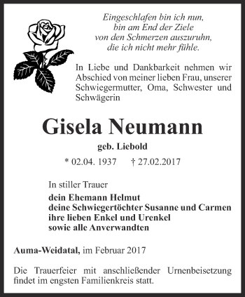 Traueranzeige von Gisela Neumann von Ostthüringer Zeitung