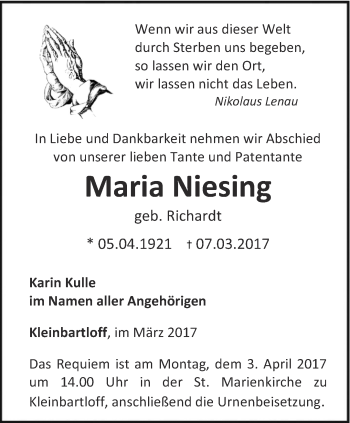 Traueranzeige von Maria Niesing von Thüringer Allgemeine