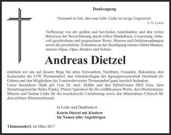 Traueranzeige von Andreas Dietzel von Ostthüringer Zeitung