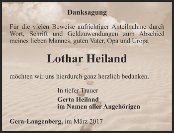 Traueranzeige von Lothar Heiland von Ostthüringer Zeitung