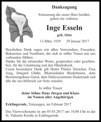 Traueranzeige von Inge Esseln von Thüringer Allgemeine