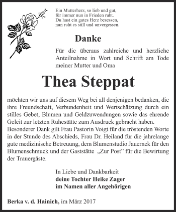 Traueranzeige von Thea Steppat von Thüringer Allgemeine, Thüringische Landeszeitung