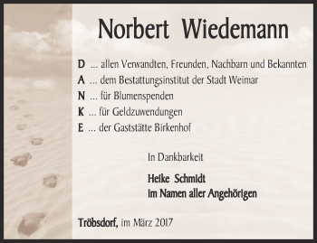 Traueranzeige von Norbert Wiedemann von Thüringer Allgemeine, Thüringische Landeszeitung