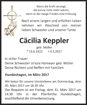 Traueranzeige von Cäcilia Keppler von Thüringer Allgemeine