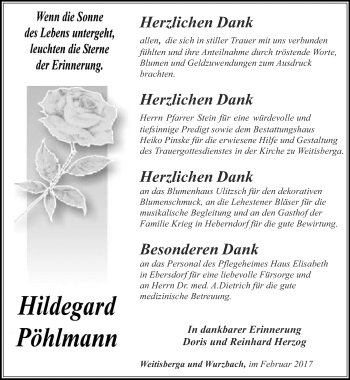 Traueranzeige von Hildegard Pöhlmann von Ostthüringer Zeitung