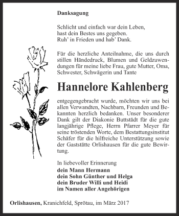 Traueranzeige von Hannelore Kahlenberg von Thüringer Allgemeine