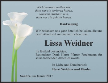 Traueranzeige von Lissa Weidner von Thüringer Allgemeine, Thüringische Landeszeitung