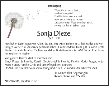 Traueranzeige von Sonja Diezel von Ostthüringer Zeitung